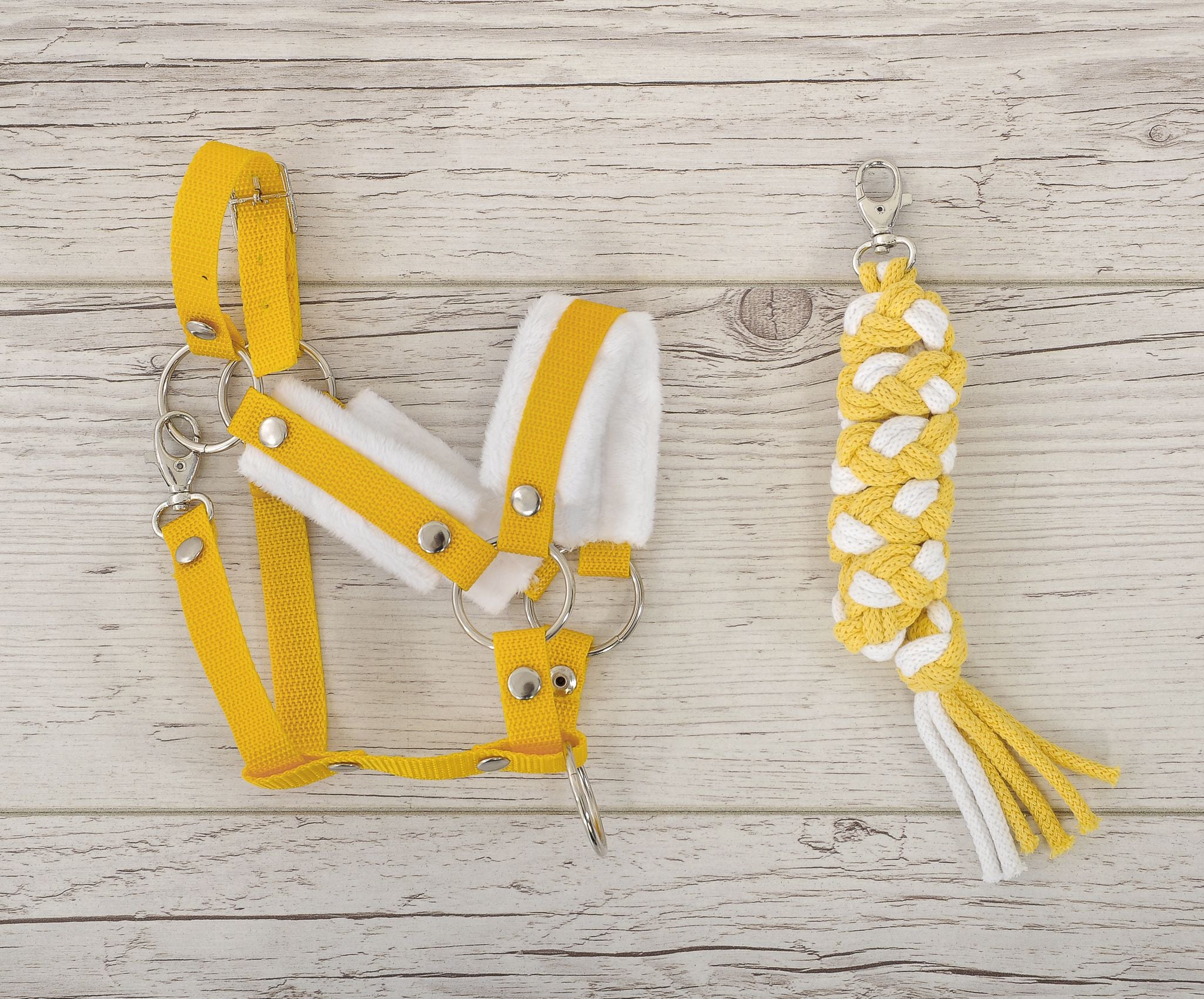 Set for Hobby Horse: the halter A3 with white furry + Tether made of cord - white-yellow