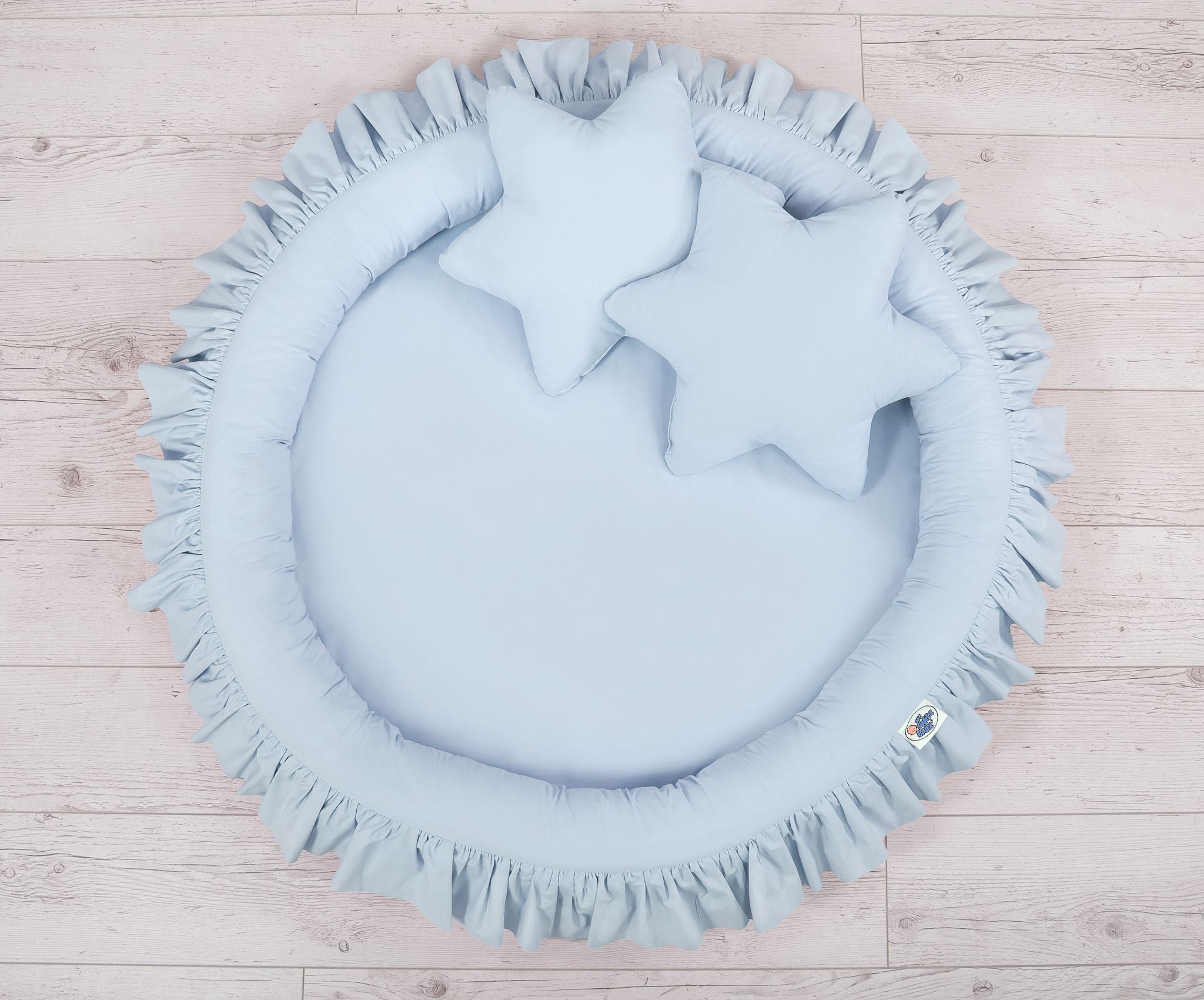 Set: Hanging baldachin for children's room cotton + nest with flounce + pillows - blue