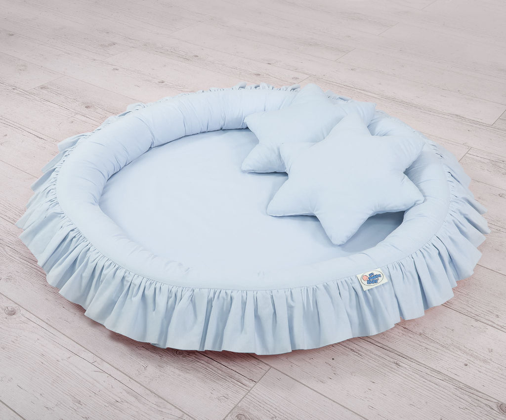 Set: Hanging baldachin for children's room cotton + nest with flounce + pillows - blue