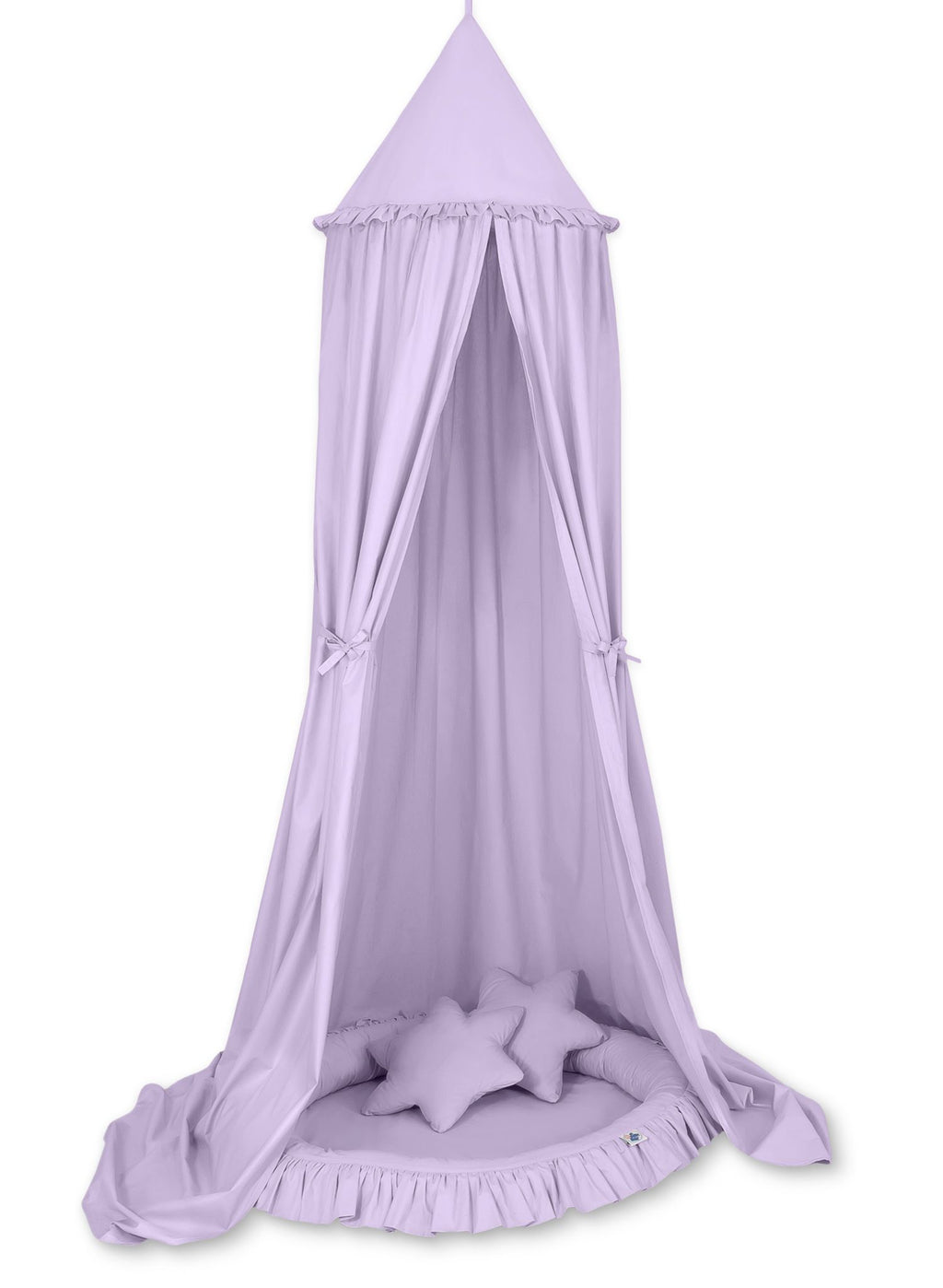 Set: Hanging baldachin for children's room cotton + nest with flounce + pillows - lila