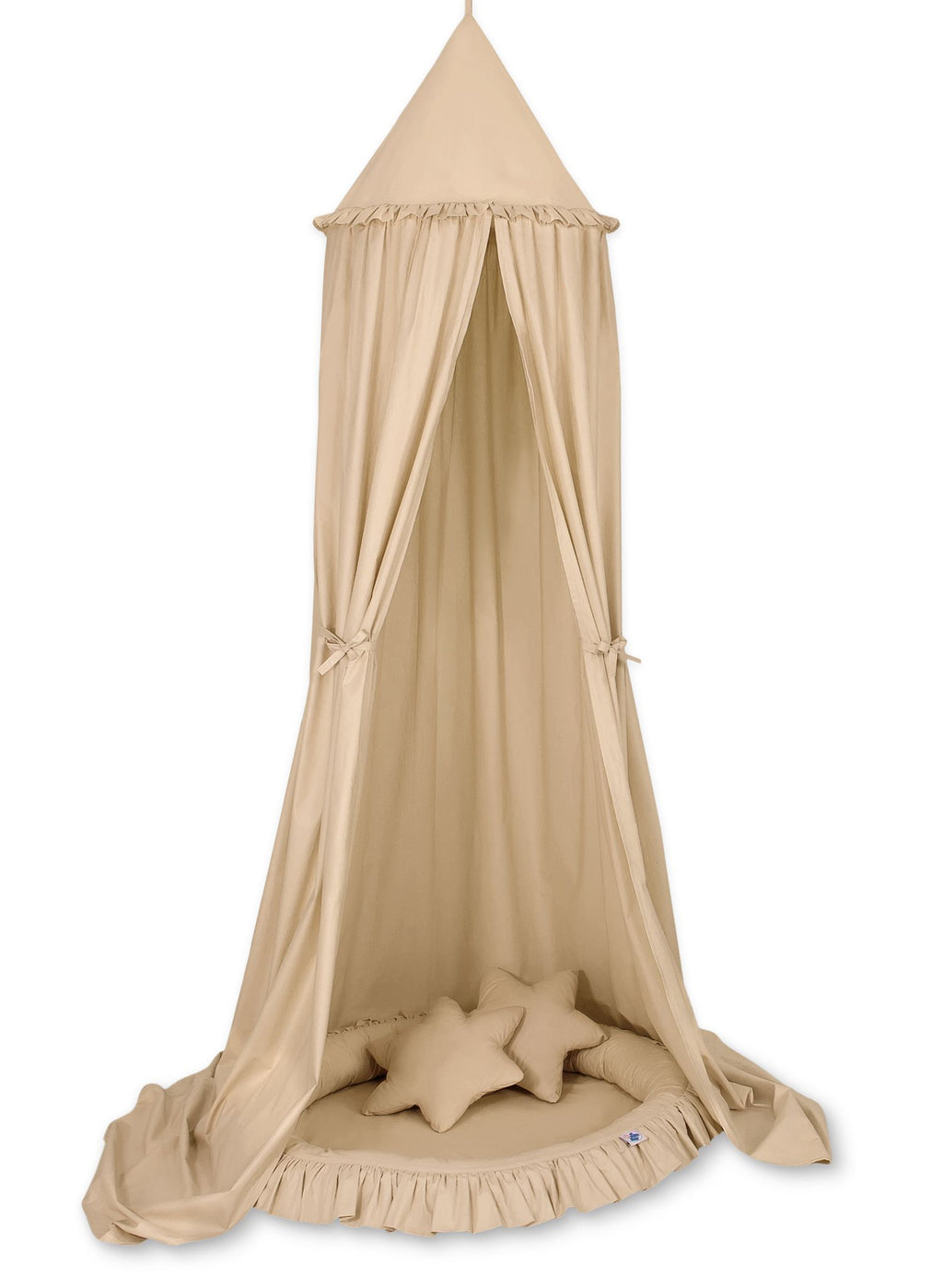 Set: Hanging baldachin for children's room cotton + nest with flounce + pillows - beige
