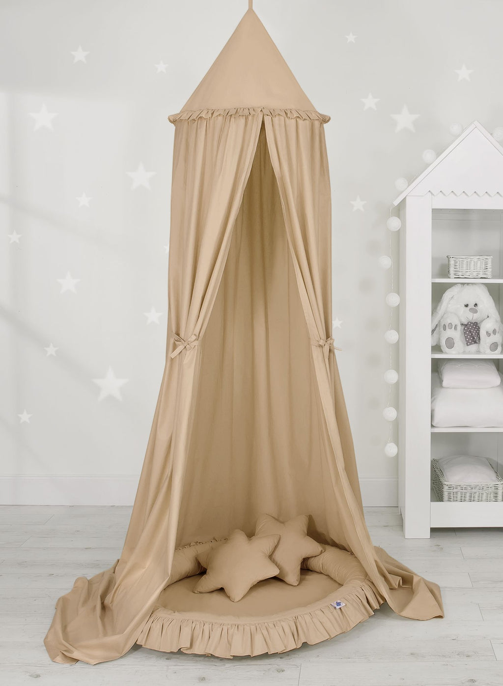 Set: Hanging baldachin for children's room cotton + nest with flounce + pillows - beige