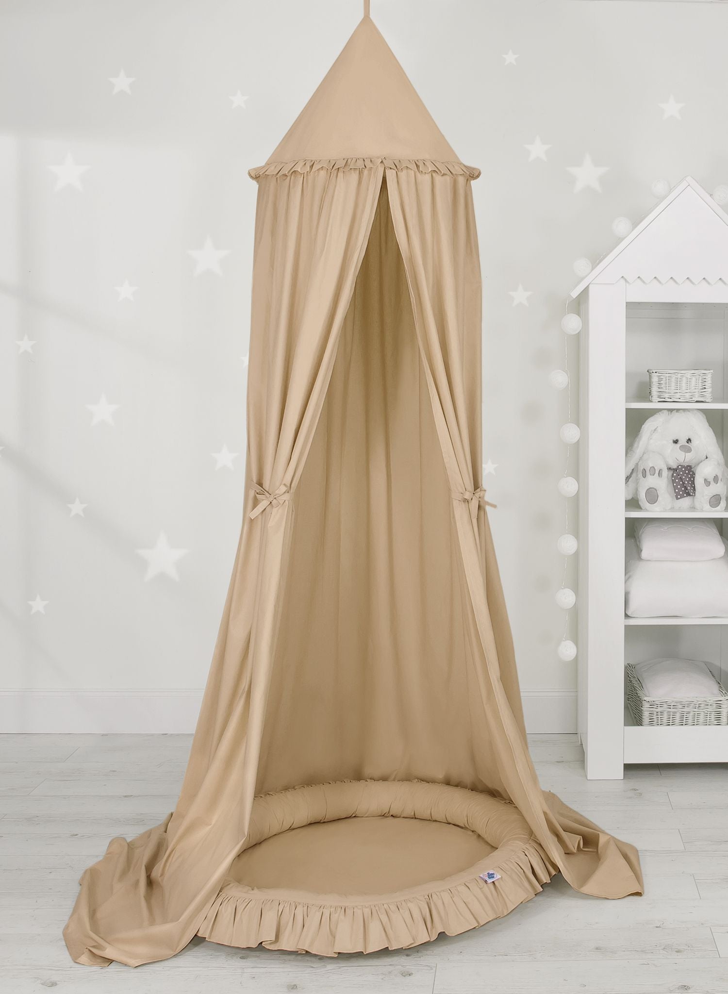 Set: Hanging baldachin for children's room cotton + nest with flounce - beige