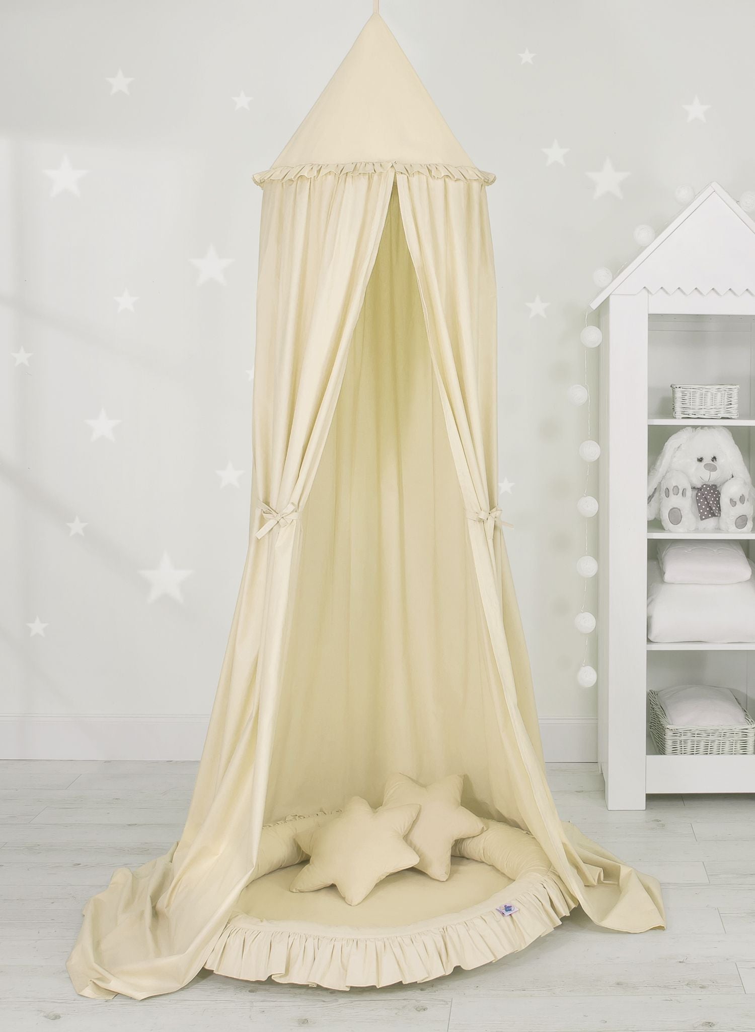 Set: Hanging baldachin for children's room cotton + nest with flounce + pillows - cream