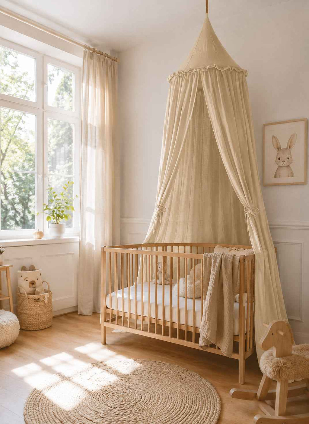 Muslin hanging canopy with frill - camel