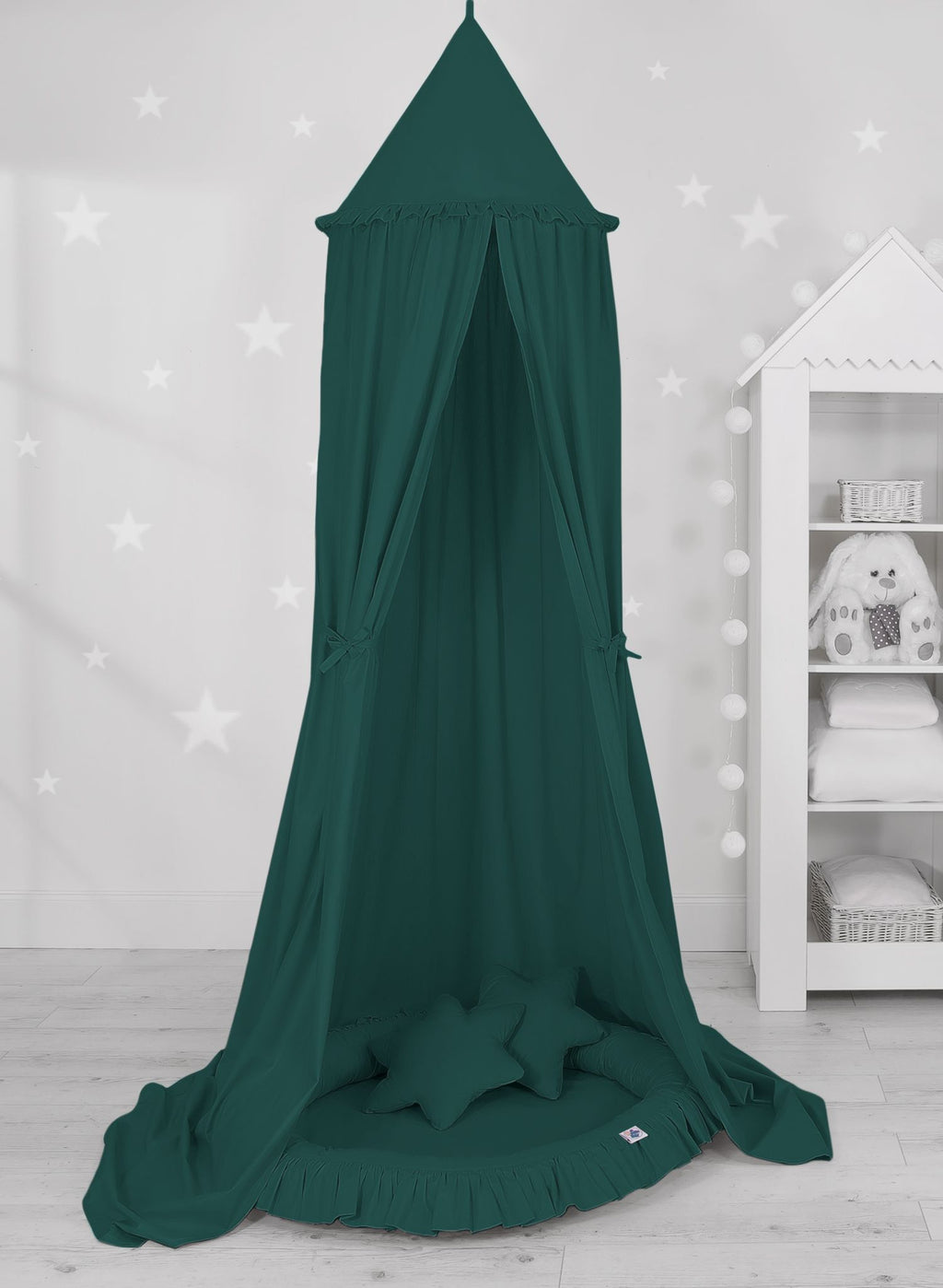 Set: Hanging baldachin for children's room cotton + nest with flounce + pillows - bottle green