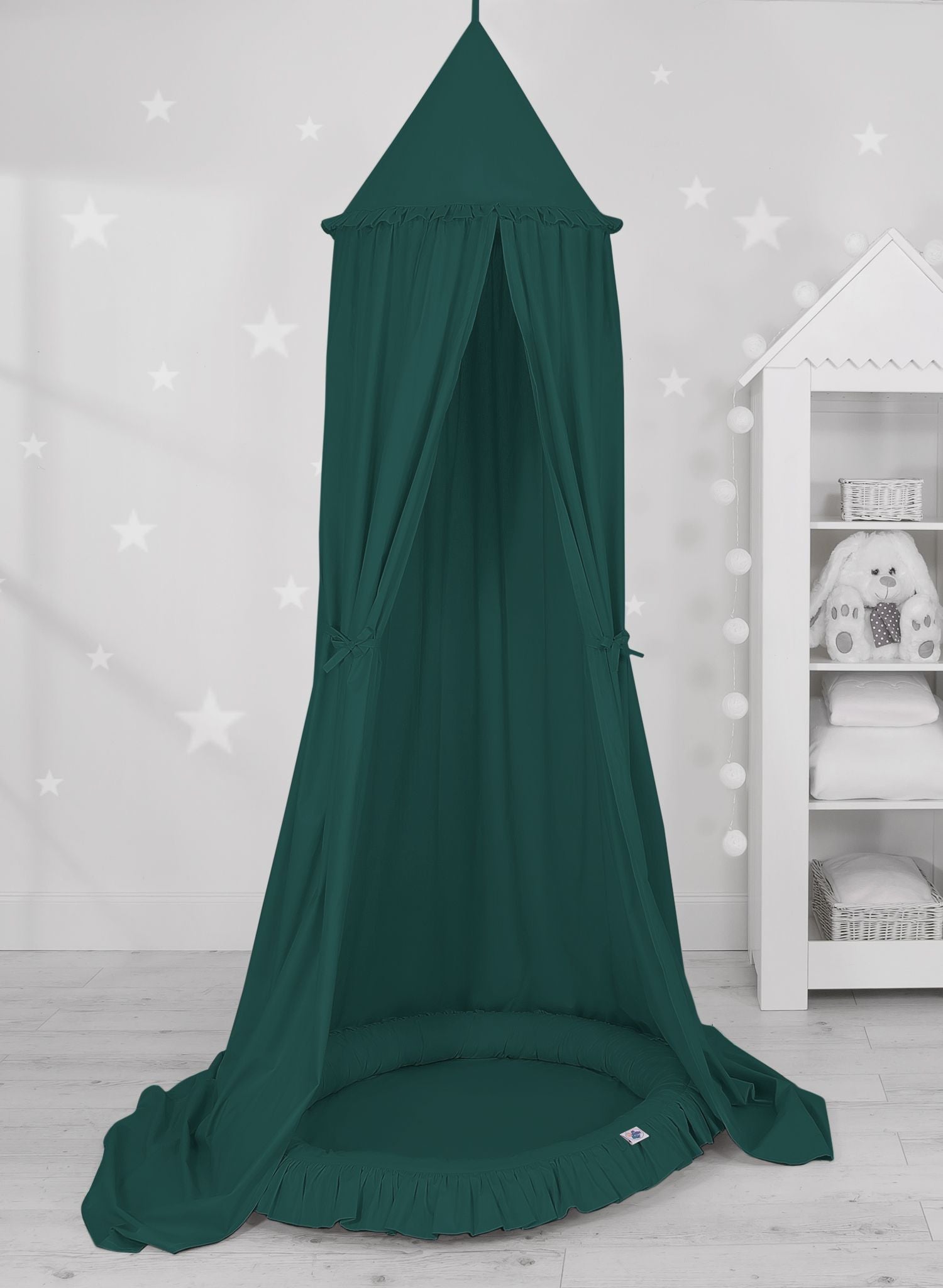 Set: Hanging baldachin for children's room cotton + nest with flounce - bottle green