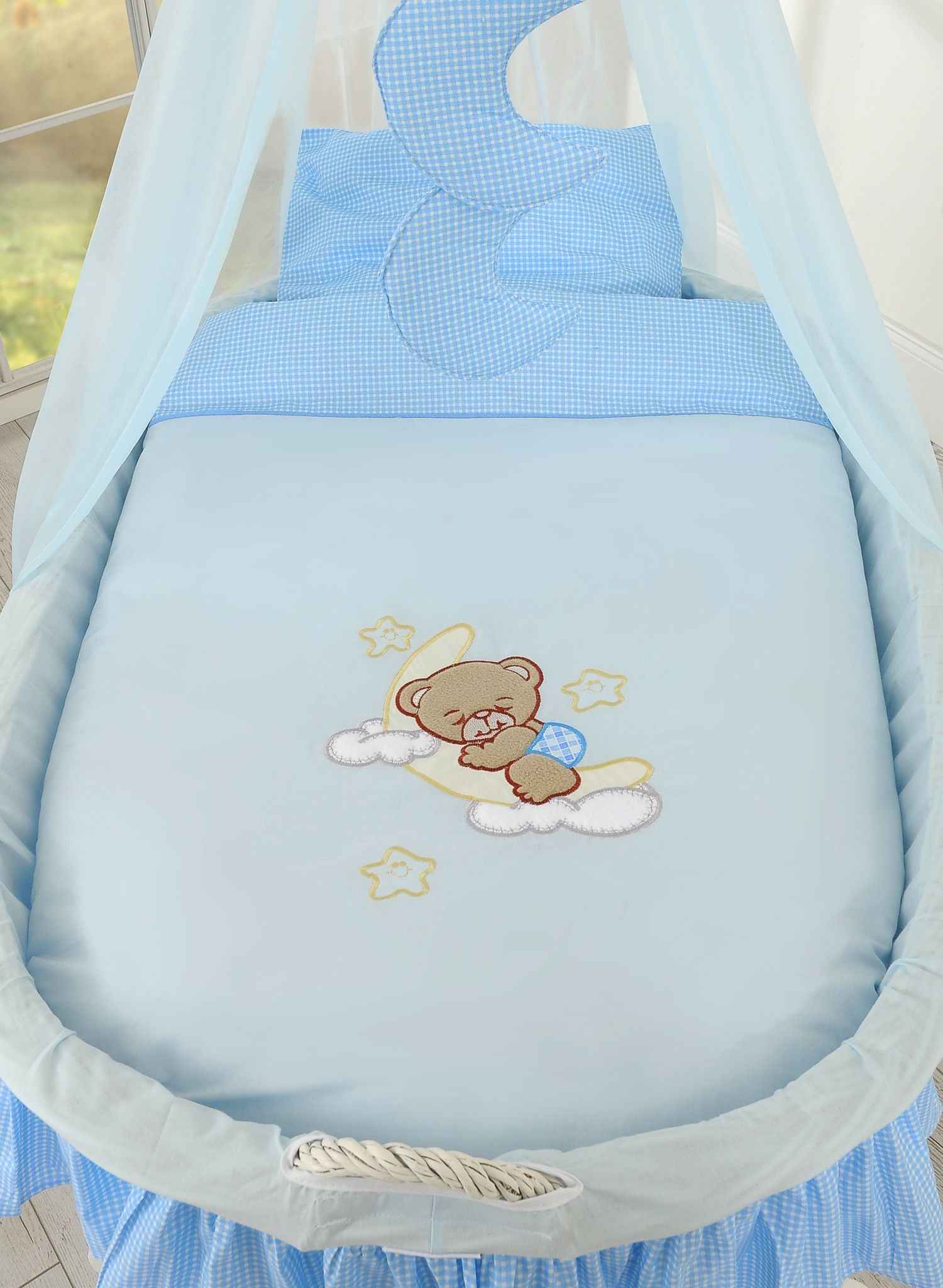 Moses Basket Wicker drape crib Good night - white + blue bedding
