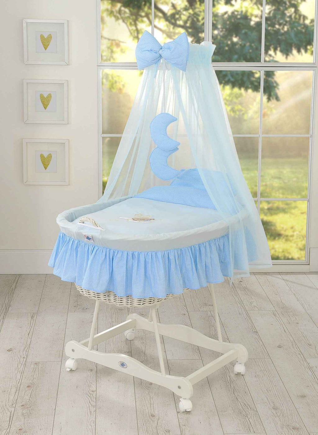 Moses Basket Wicker drape crib Good night - white + blue bedding