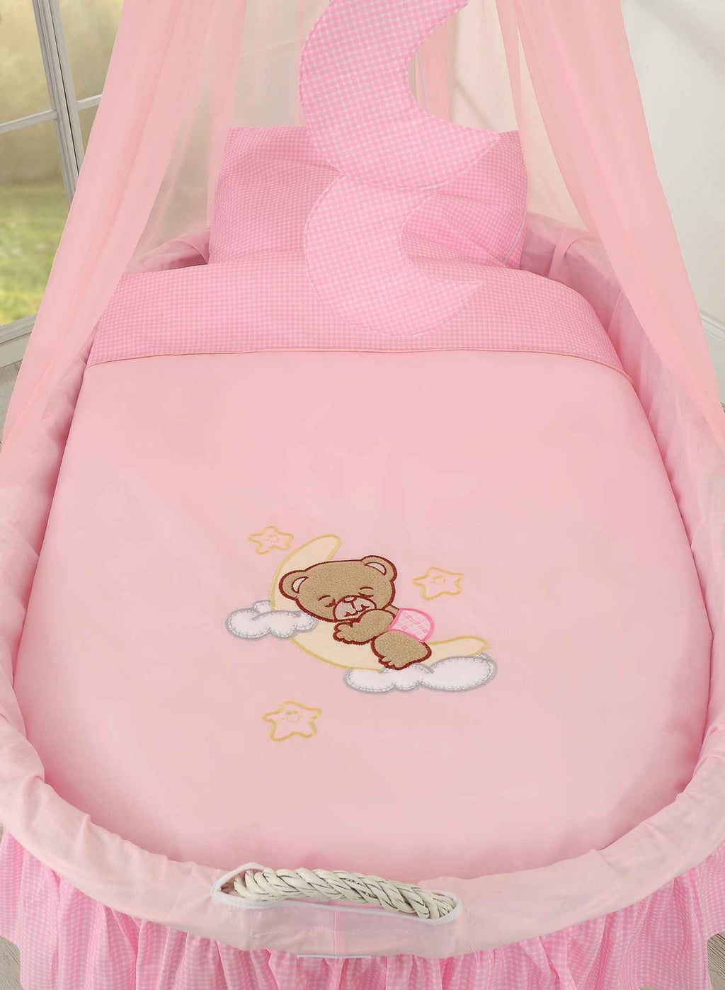 Moses Basket Wicker drape crib Good night - white + pink bedding