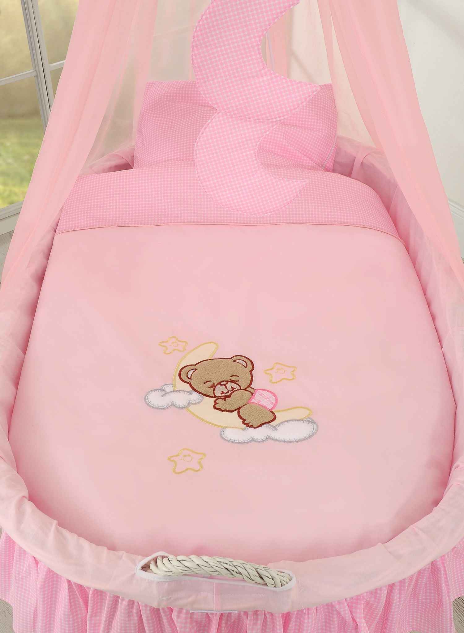 Moses Basket Wicker drape crib Good night - white + pink bedding