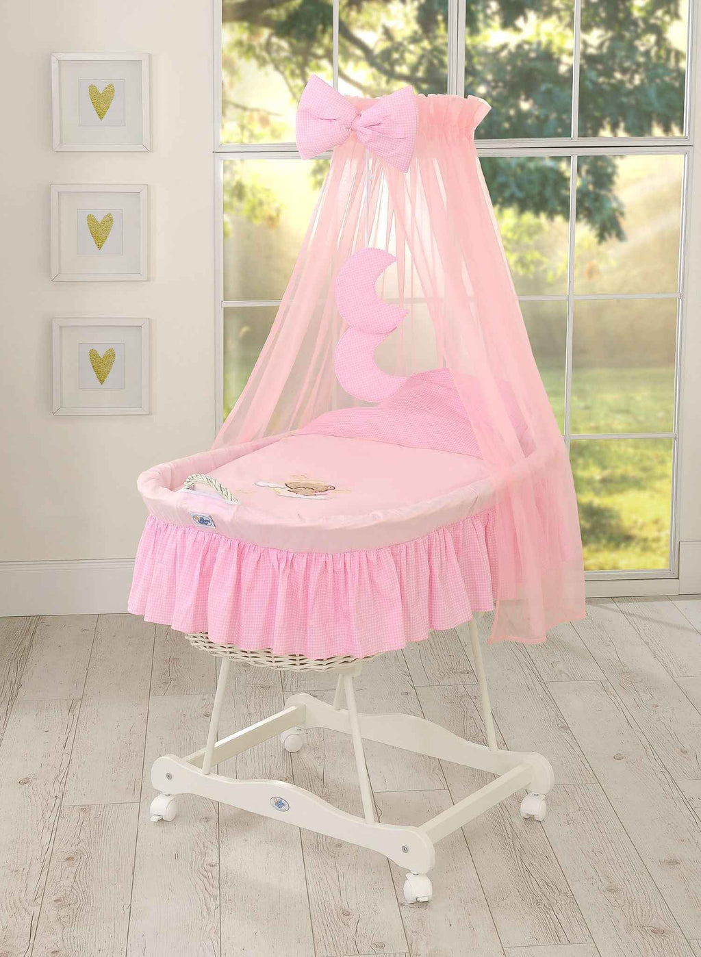Moses Basket Wicker drape crib Good night - white + pink bedding