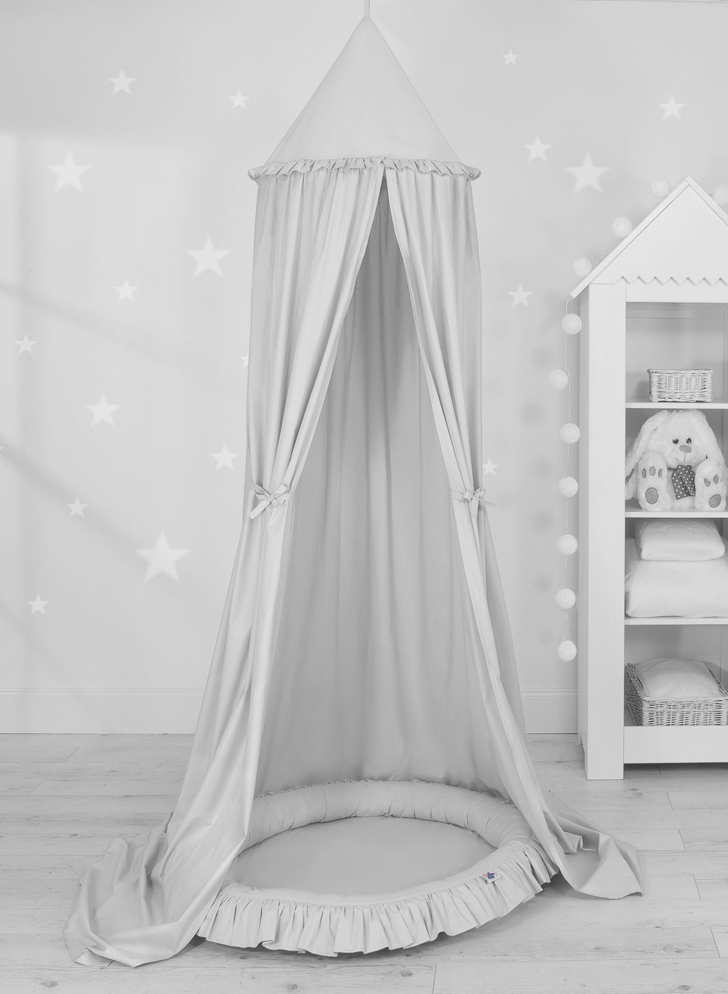 Set: Hanging baldachin for children's room cotton + nest with flounce - gray