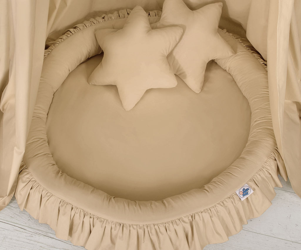 Set: Hanging baldachin for children's room cotton + nest with flounce + pillows - beige
