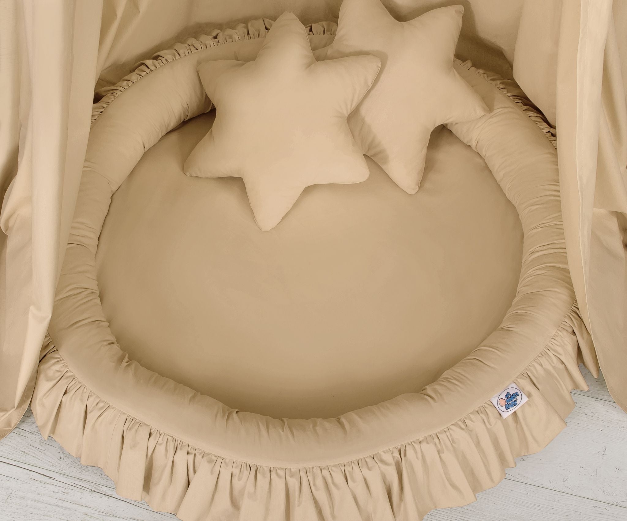 Set: Hanging baldachin for children's room cotton + nest with flounce + pillows - beige