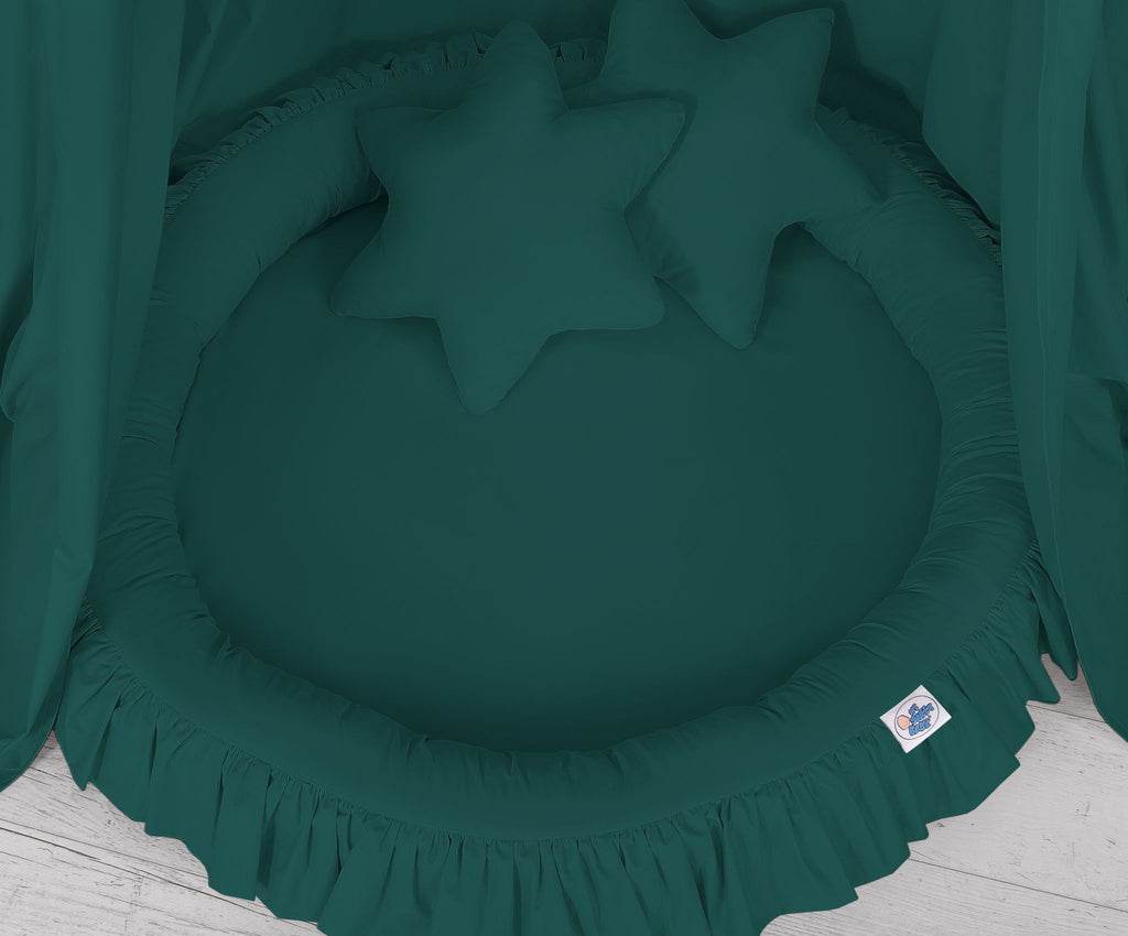 Set: Hanging baldachin for children's room cotton + nest with flounce + pillows - bottle green