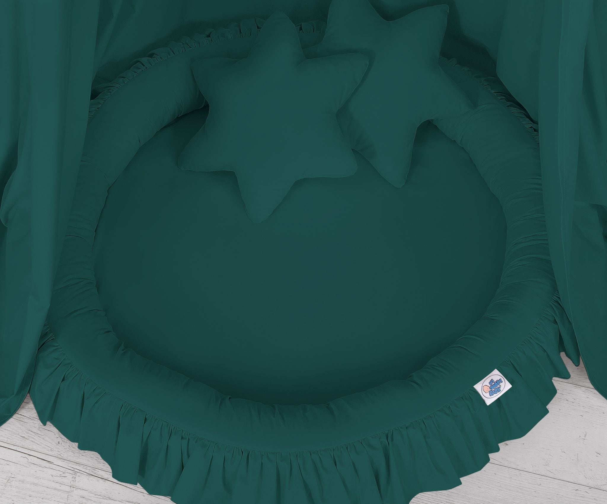 Set: Hanging baldachin for children's room cotton + nest with flounce + pillows - bottle green