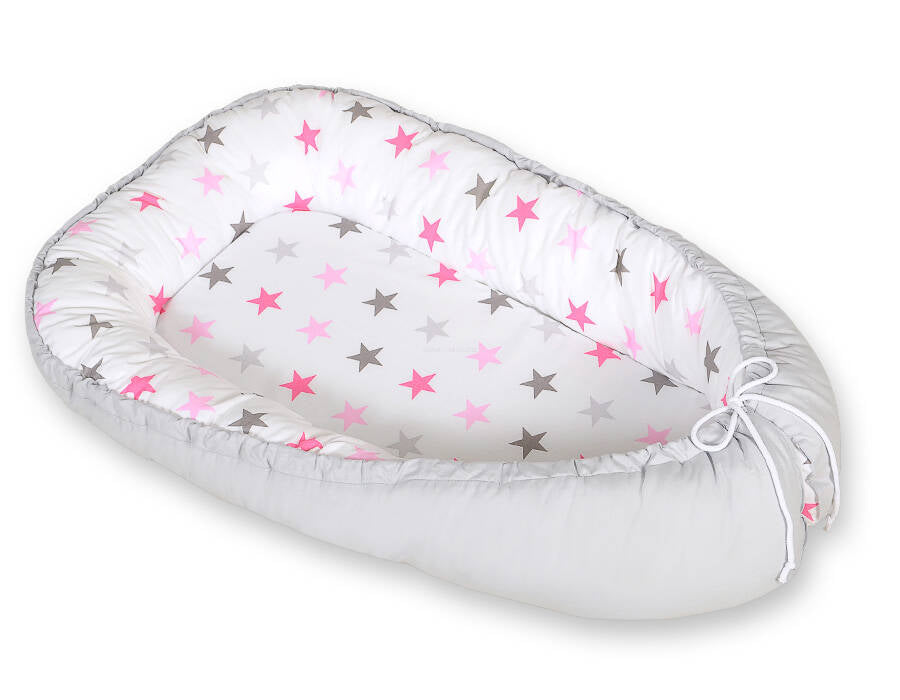 Baby nest double-sided Premium Cocoon for infants BOBONO- stars pink-grey/grey
