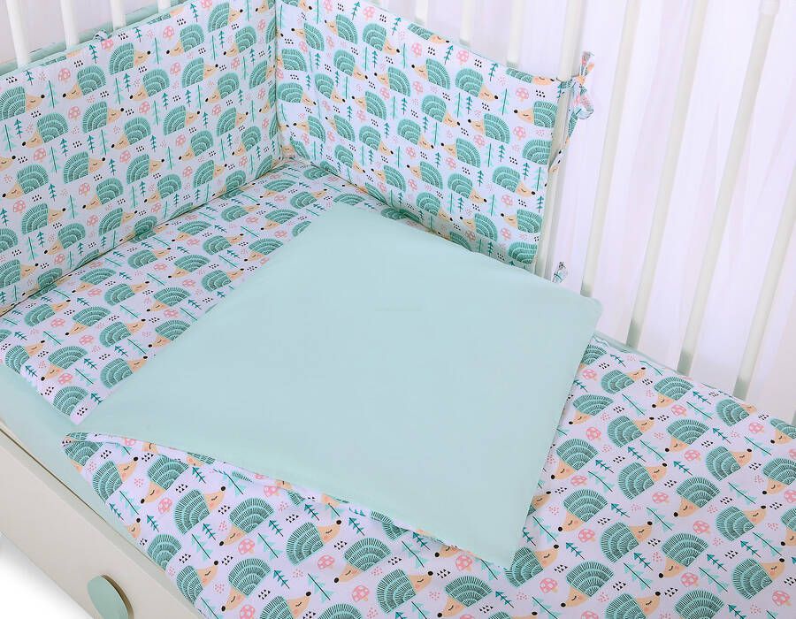 Baby cotton bedding set 2-pcs 120x90 cm- hedgehogs mint
