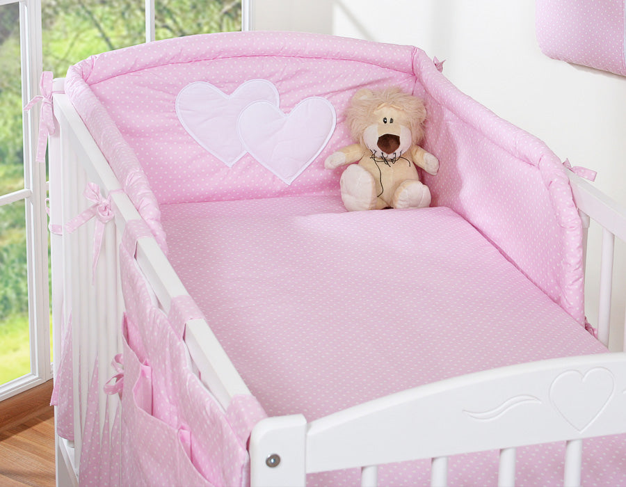 Universal crib rail bumper – Hearts white dots on pink