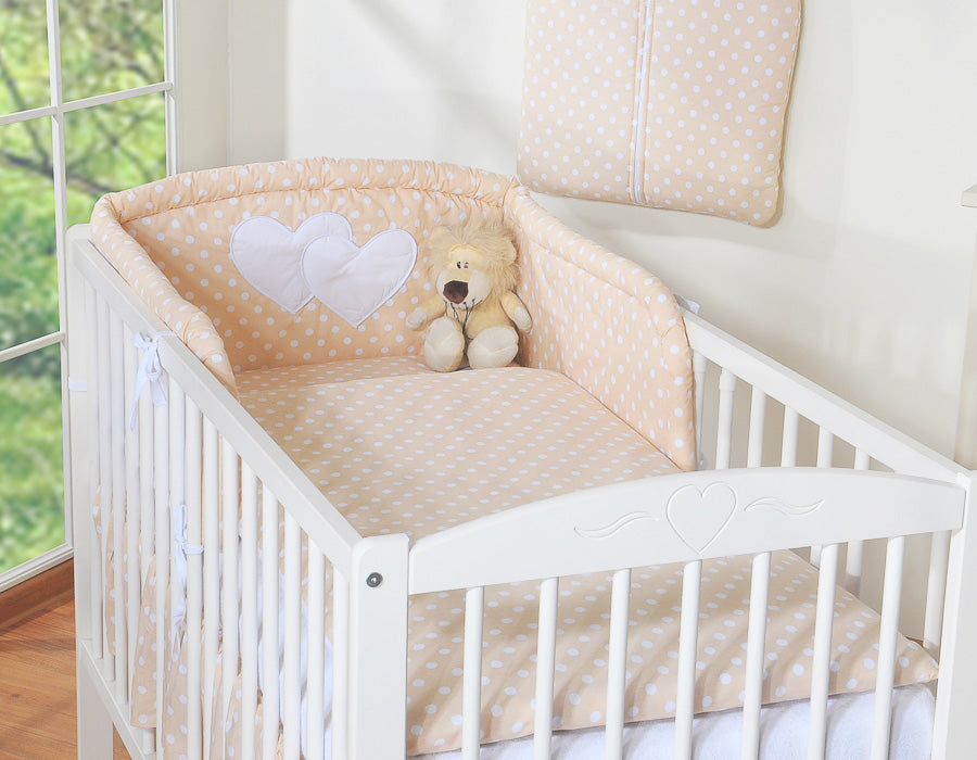 Universal crib rail bumper – Hearts white dots on beige