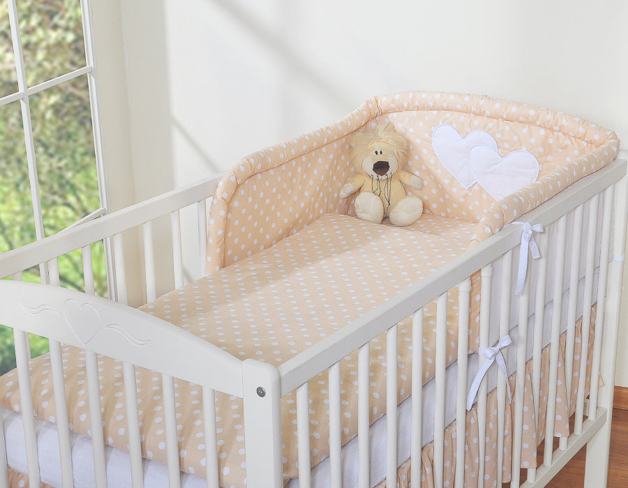Universal crib rail bumper – Hearts white dots on beige