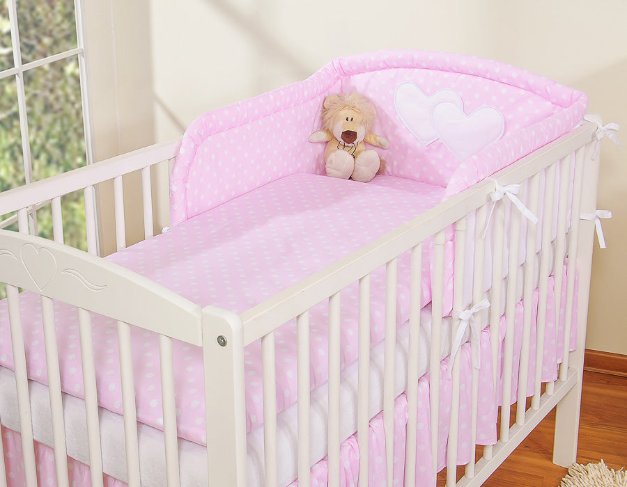 Universal crib rail bumper – Hearts white polka dots on pink
