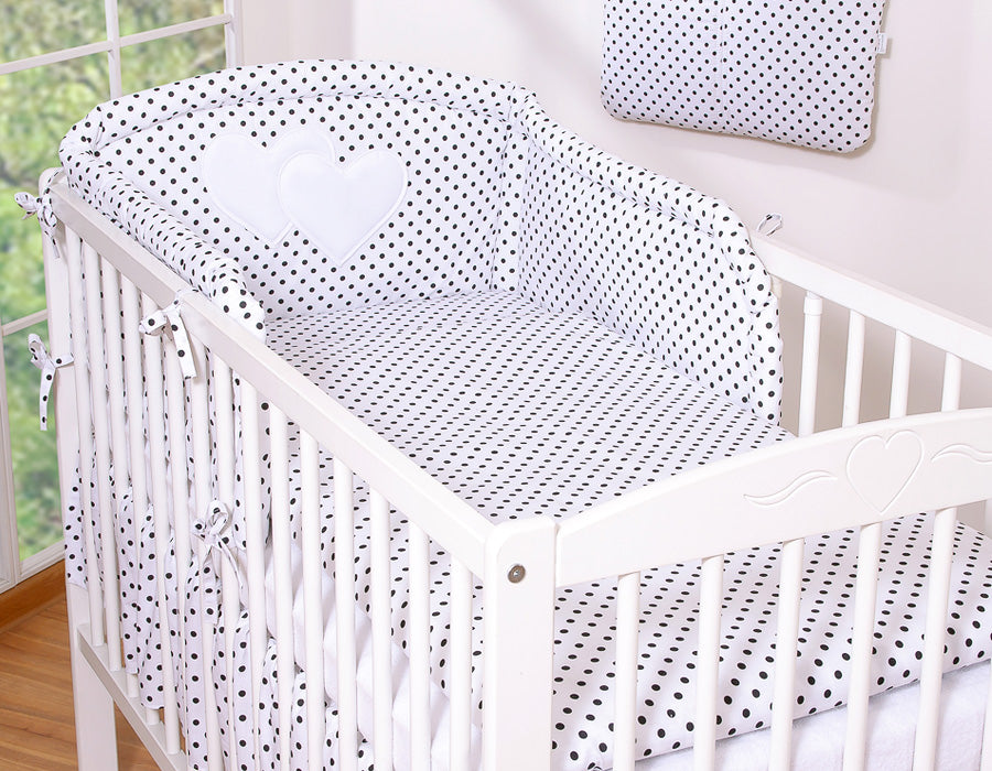 Universal crib rail bumper – Hearts black dots on white