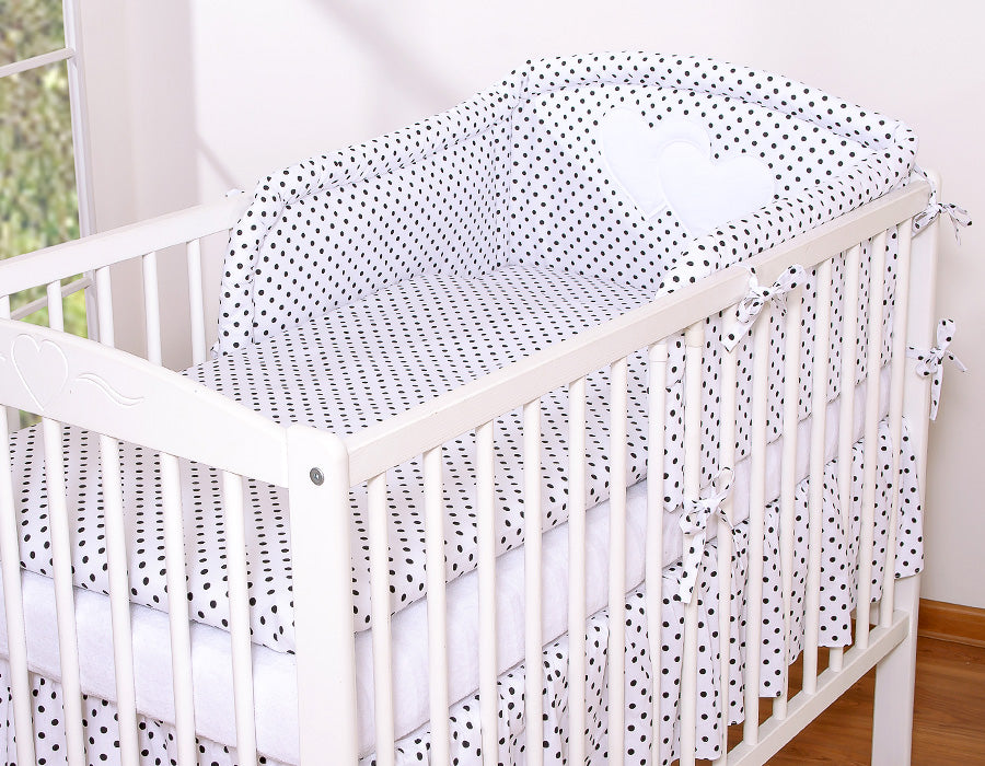 Universal crib rail bumper – Hearts black dots on white
