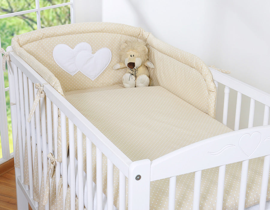 Universal crib rail bumper – Hearts white polka dots on beige
