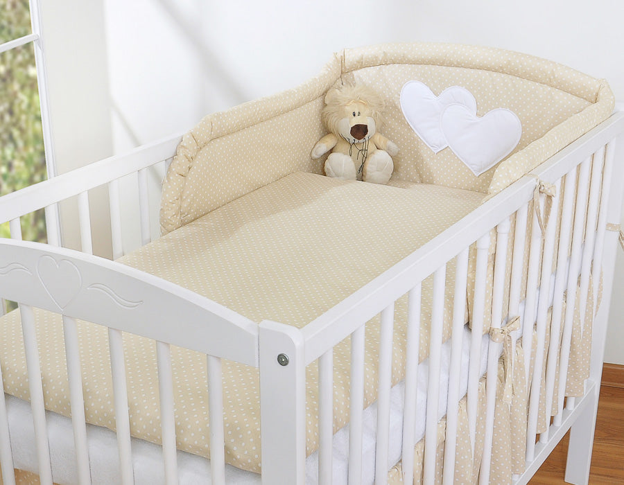 Universal crib rail bumper – Hearts white polka dots on beige