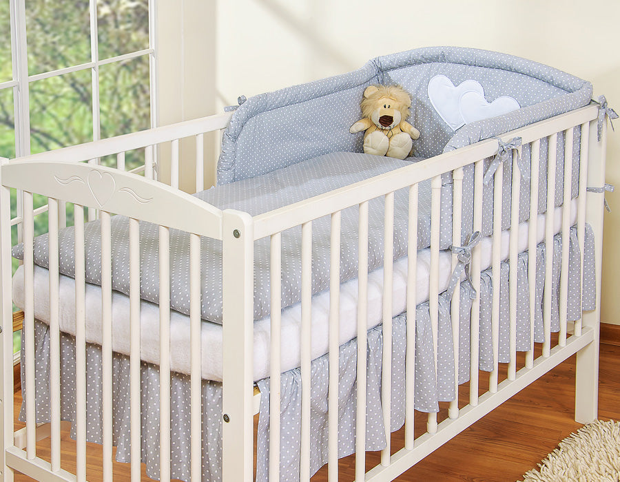 Universal crib rail bumper – Hearts white polka dots on grey