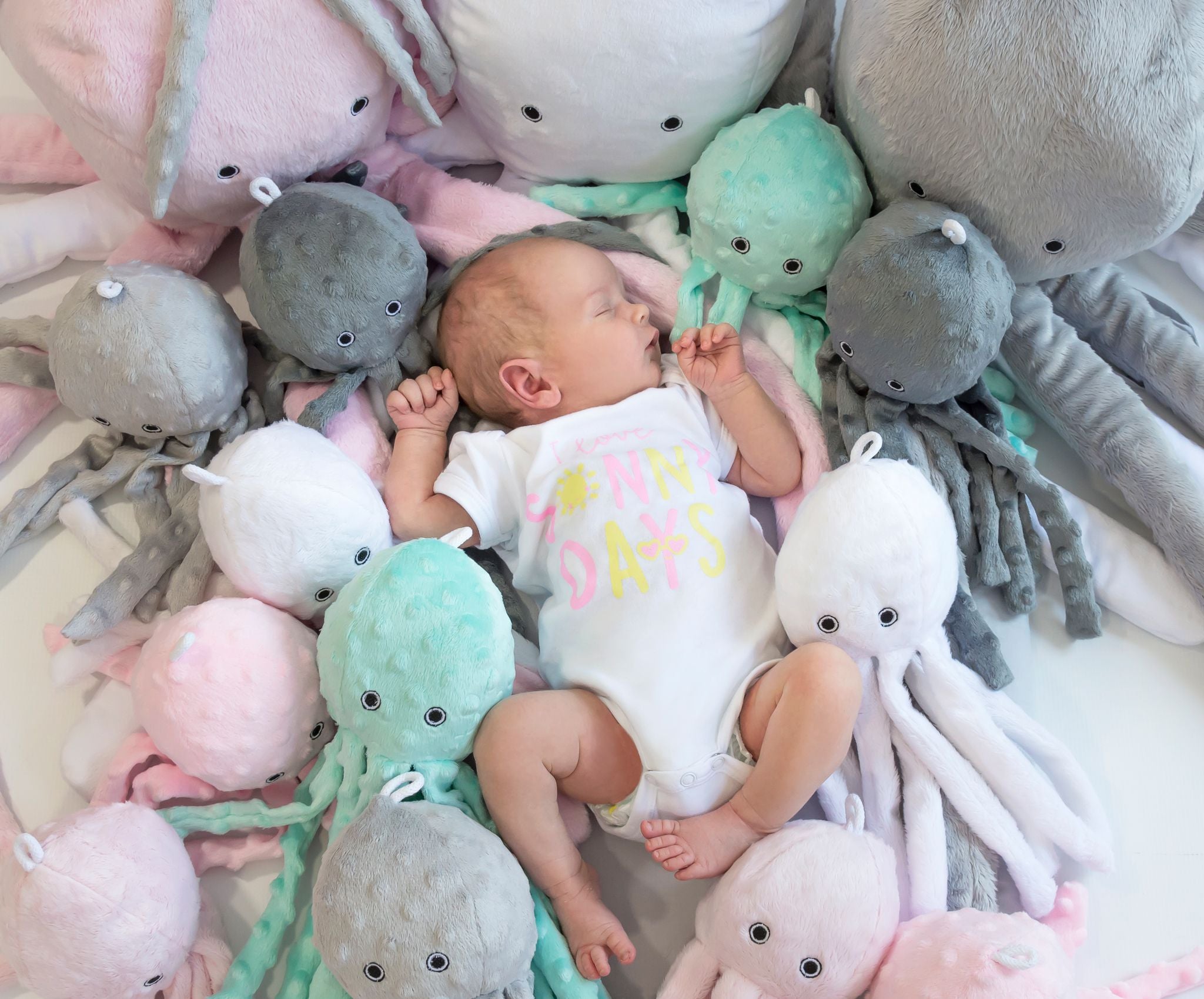 Cuddly octopus with rattle - gray - polka dot minky