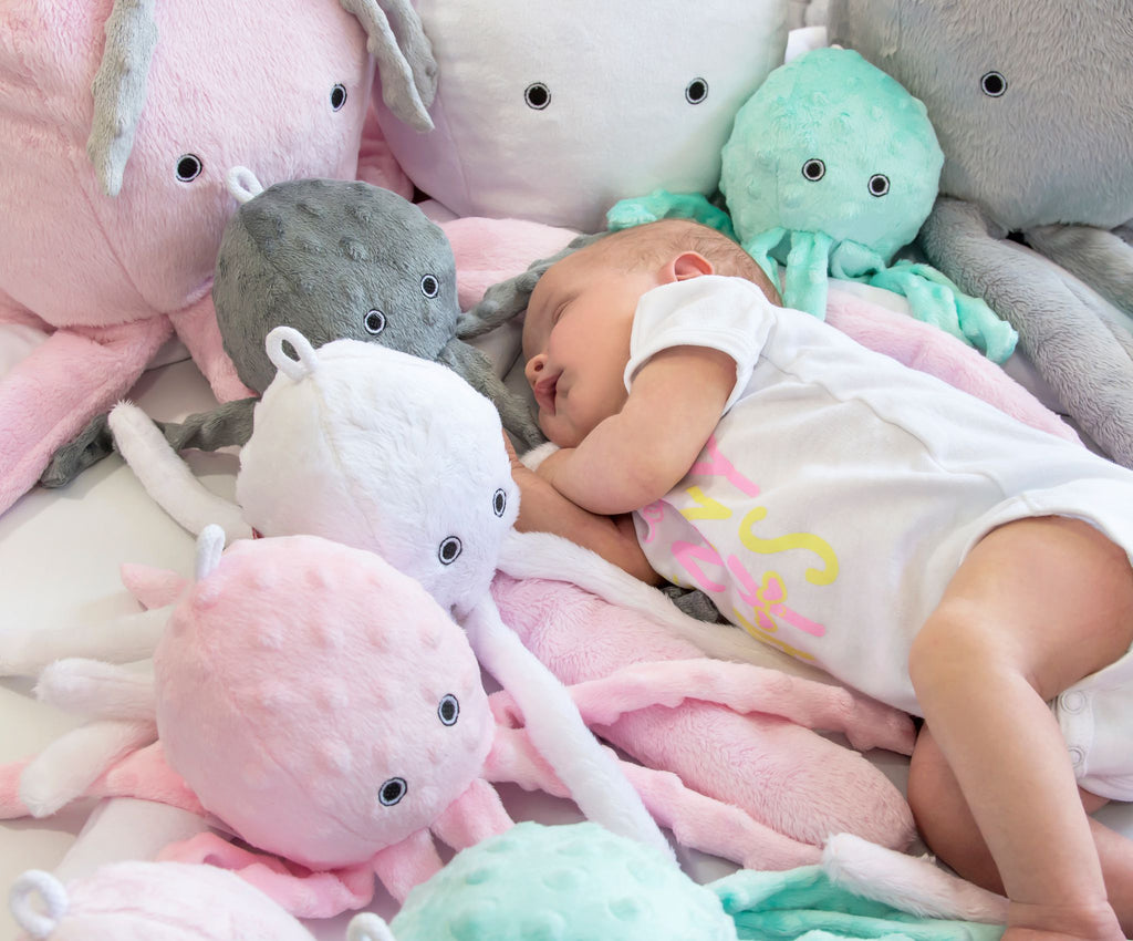 Cuddly octopus with rattle - Mint - polka dot minky