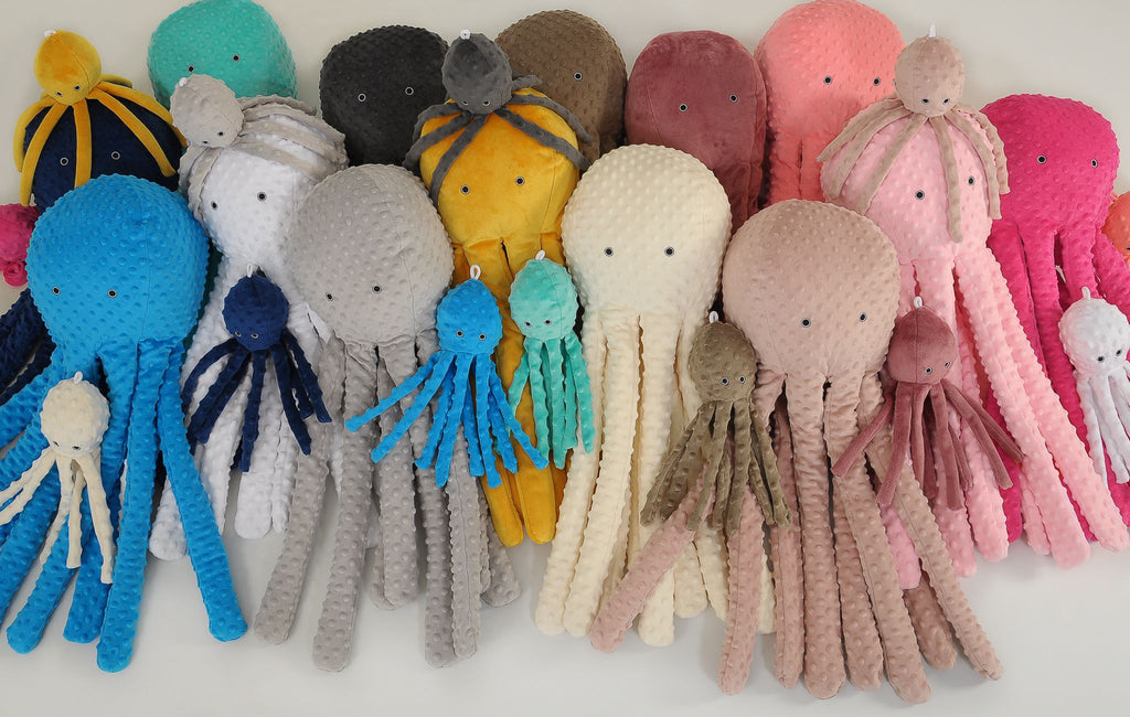 Cuddly octopus with rattle - pastel pink - polka dot minky