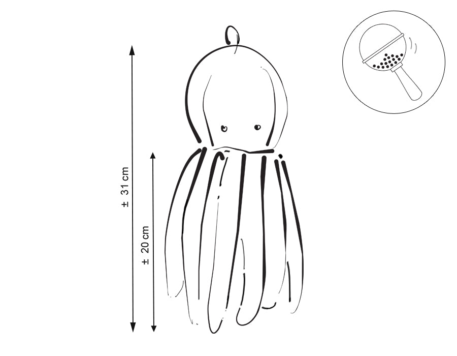 Cuddly octopus with rattle - white -polka dot minky