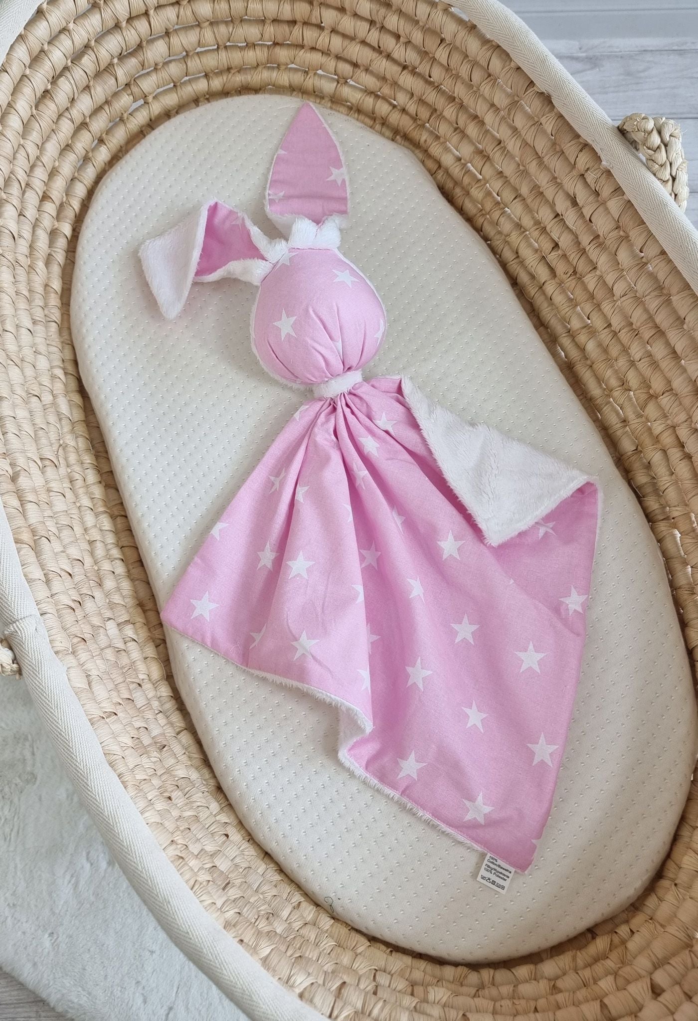 DOUDOU Cuddly bunny double-sided cotton and minky - Pink stars - white