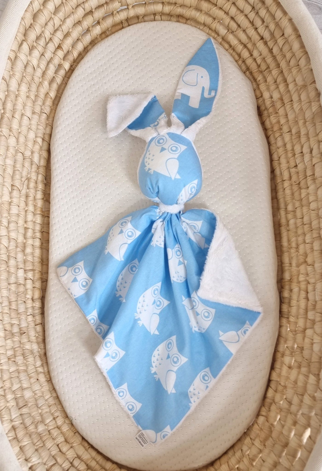 DOUDOU Cuddly bunny double-sided cotton and minky - Blue owls - white