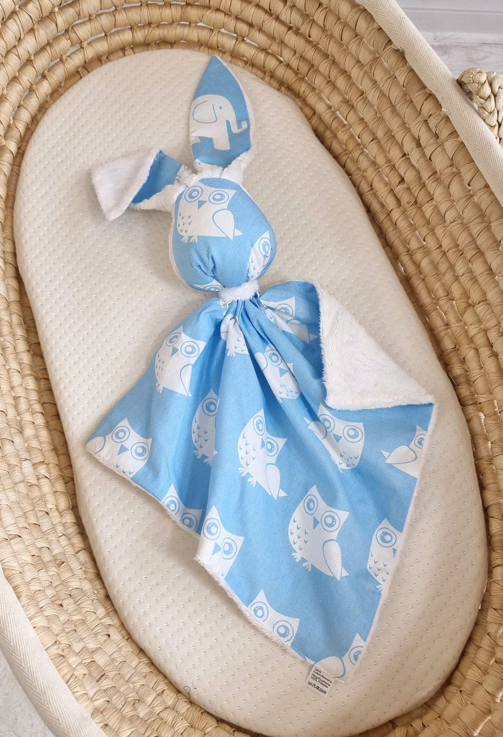 DOUDOU Cuddly bunny double-sided cotton and minky - Blue owls - white