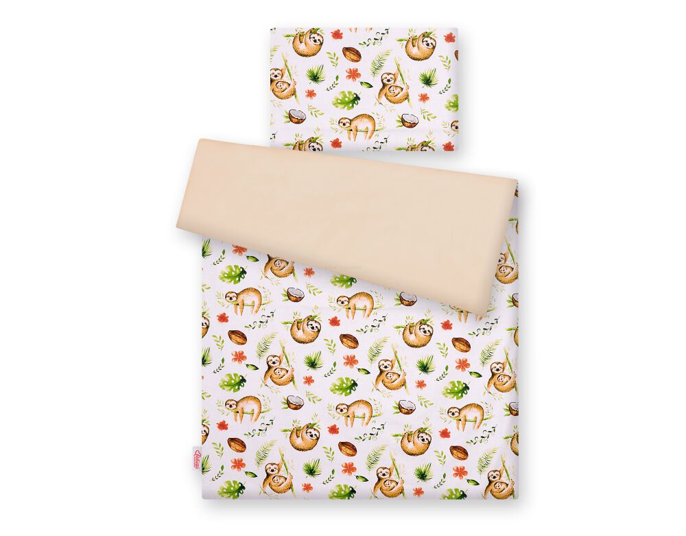 Baby cotton bedding set 2-pcs 120x90 cm- sloths  beige/beige