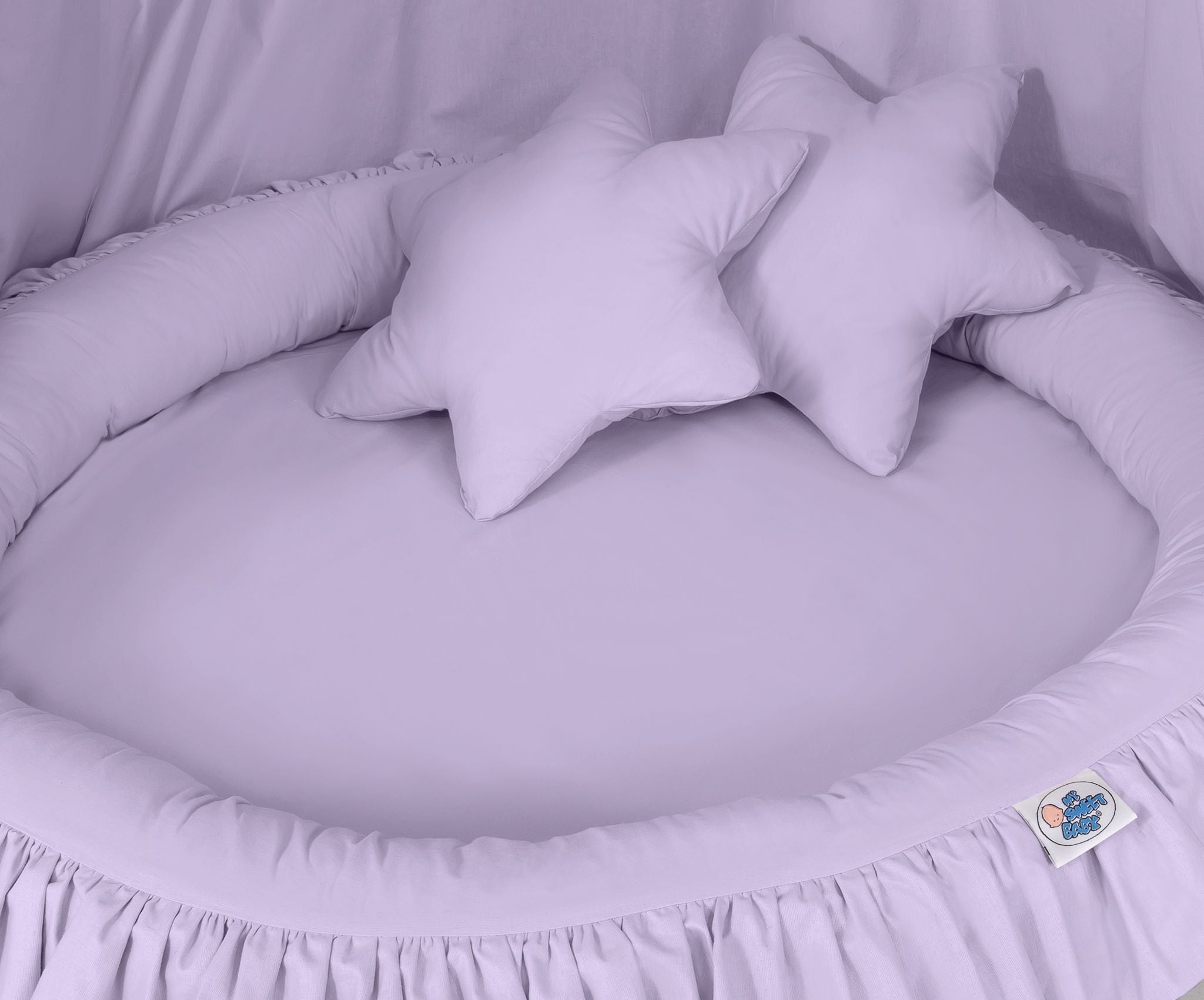 Set: Hanging baldachin for children's room cotton + nest with flounce + pillows - lila