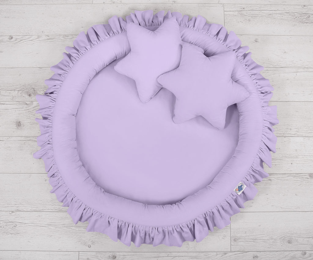 Set: Hanging baldachin for children's room cotton + nest with flounce + pillows - lila