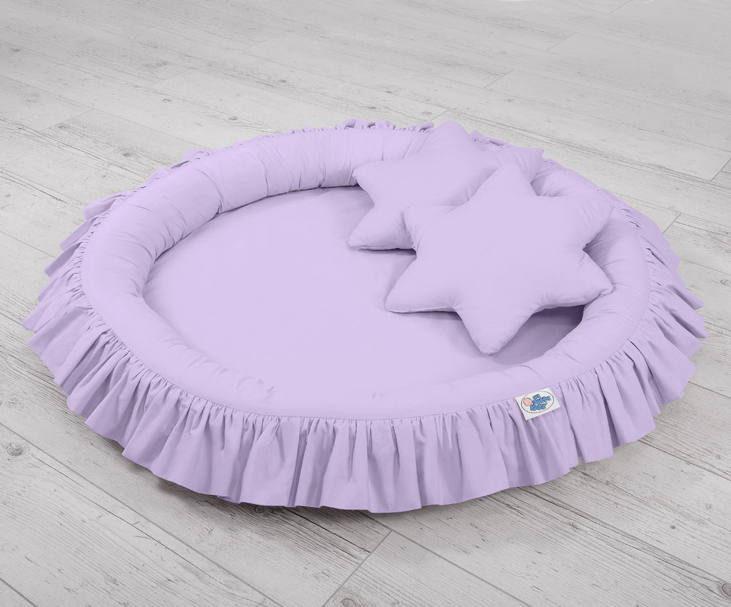 Set: Hanging baldachin for children's room cotton + nest with flounce + pillows - lila