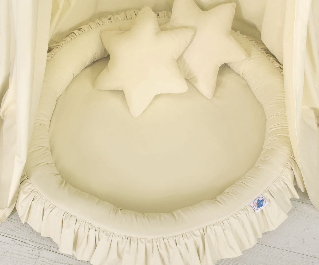 Set: Hanging baldachin for children's room cotton + nest with flounce + pillows - cream