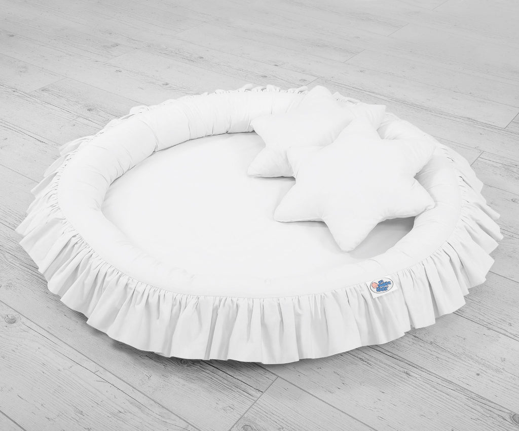 Set: Hanging baldachin for children's room cotton + nest with flounce + pillows - white