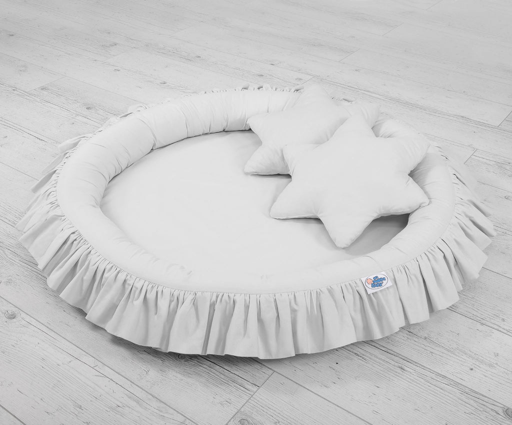 Set: Hanging baldachin for children's room cotton + nest with flounce + pillows - gray