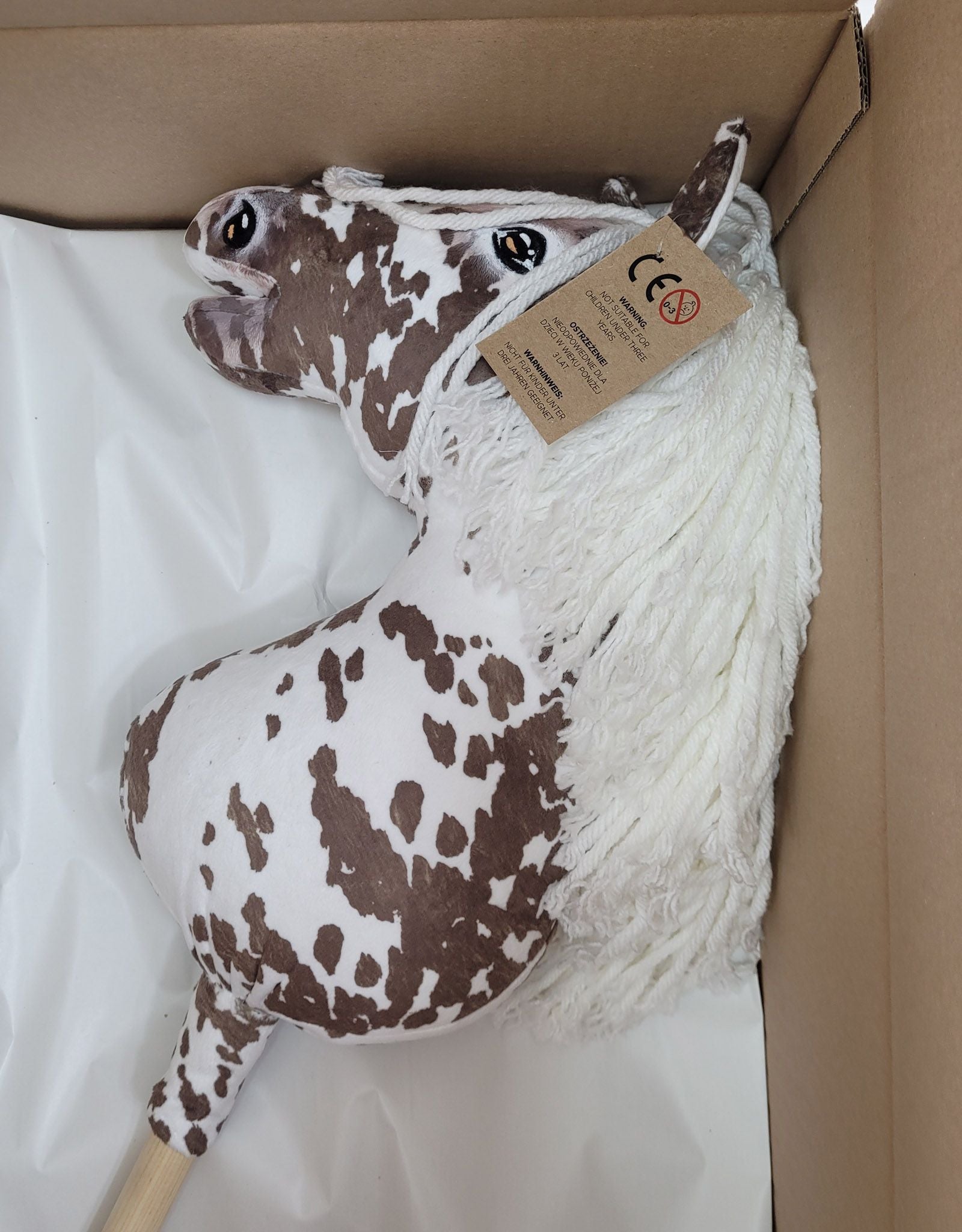 Horse on a stick Super Hobby Horse Premium - brown leopard horse with a white mane A3