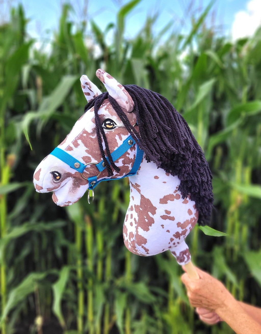 Horse on a stick Super Hobby Horse Premium - brown leopard horse with a black mane A3
