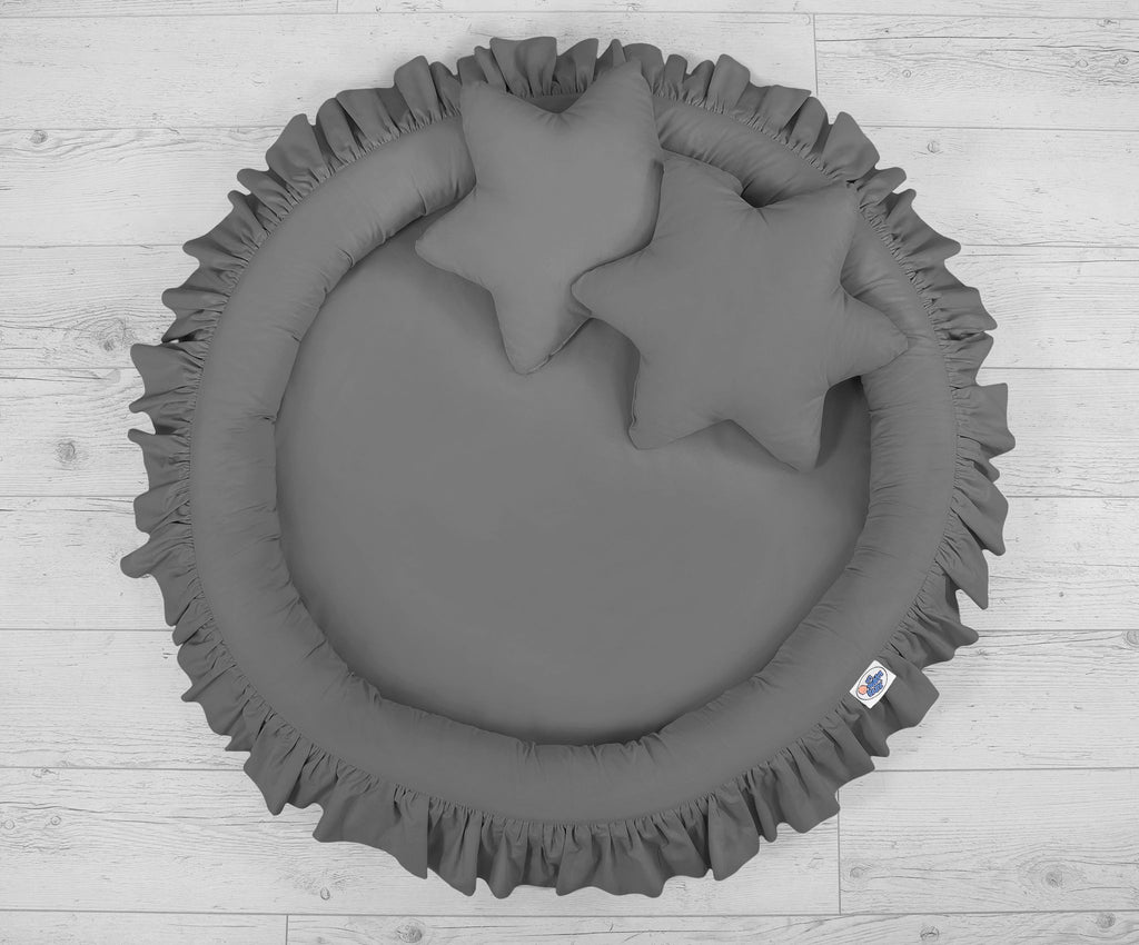 Set: Hanging baldachin for children's room cotton + nest with flounce + pillows - anthracite