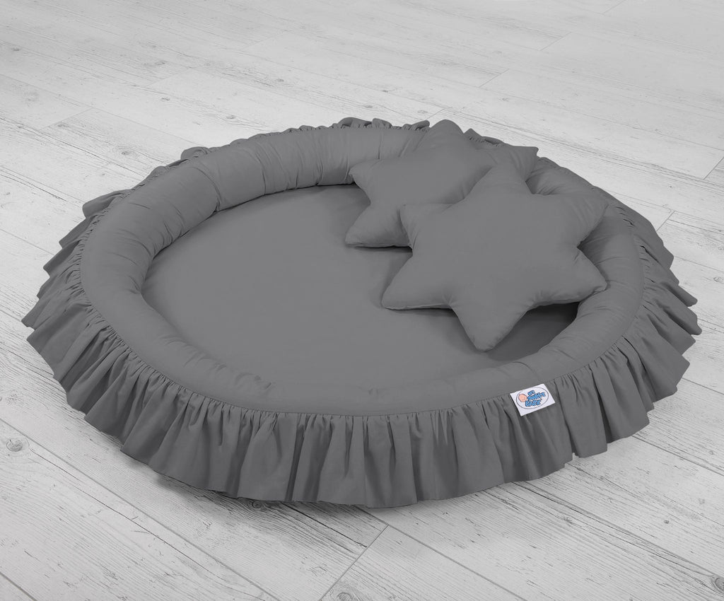 Set: Hanging baldachin for children's room cotton + nest with flounce + pillows - anthracite